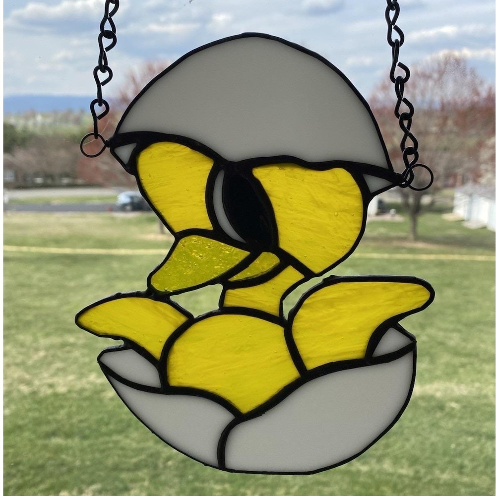 Artisan Handmade Stained Glass Baby Chick In Egg Sun Catcher.‎